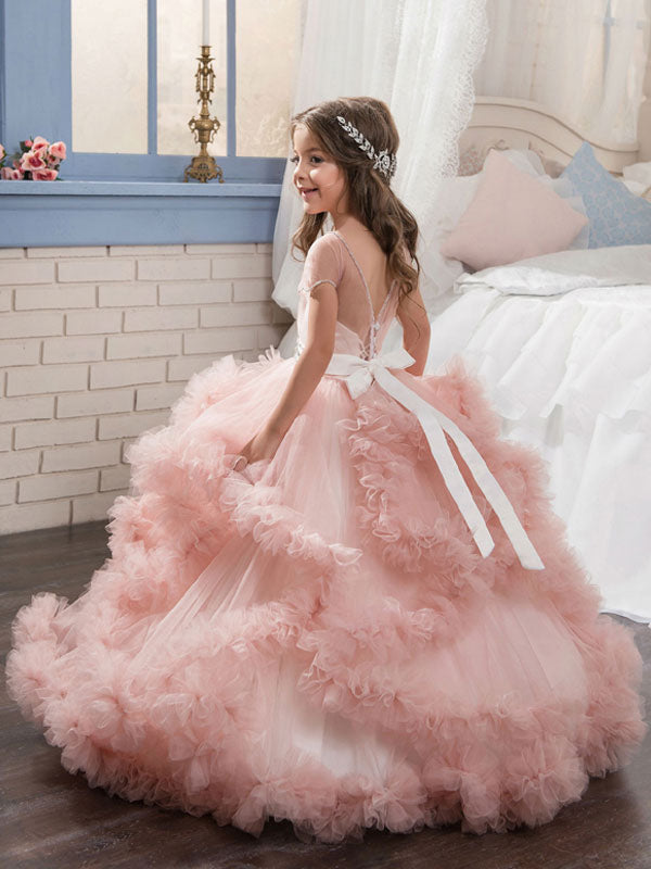 Jewel Neck Short Sleeves Rhinestones Kids Pageant flower girl dresses-Ballbella