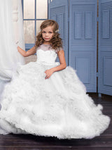 Jewel Neck Short Sleeves Rhinestones Kids Pageant flower girl dresses-Ballbella