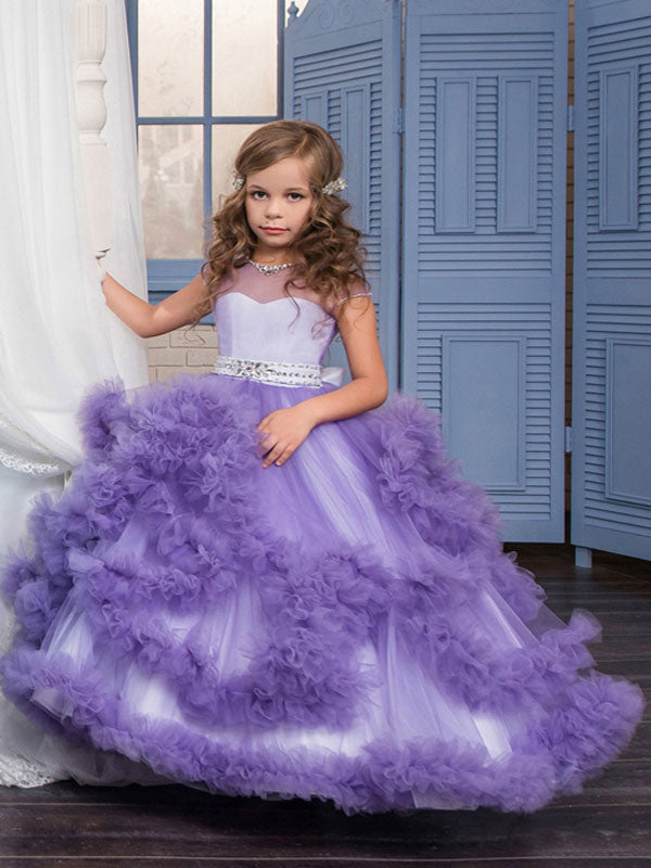 Jewel Neck Short Sleeves Rhinestones Kids Pageant flower girl dresses-Ballbella