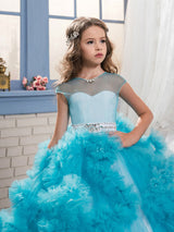 Jewel Neck Short Sleeves Rhinestones Kids Pageant flower girl dresses-Ballbella