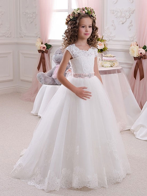 Jewel Neck Short Sleeves Sash Kids Princess Dresses-Ballbella