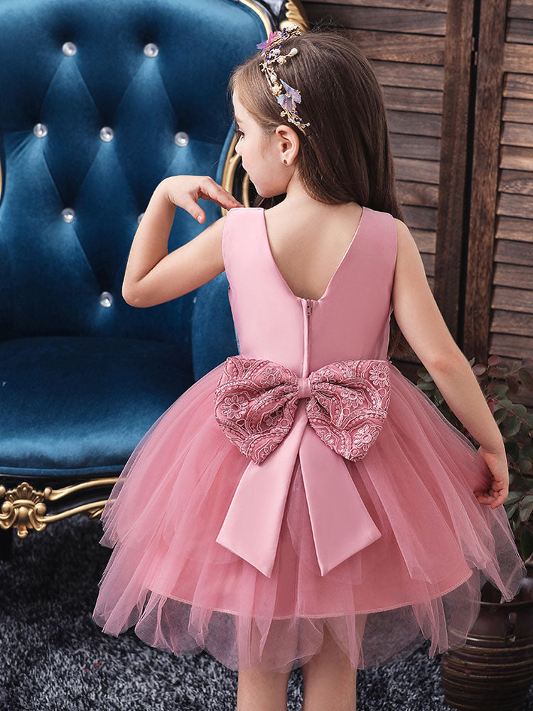 Jewel Neck Sleeveless Bows Formal Kids Pageant flower girl dresses-Ballbella