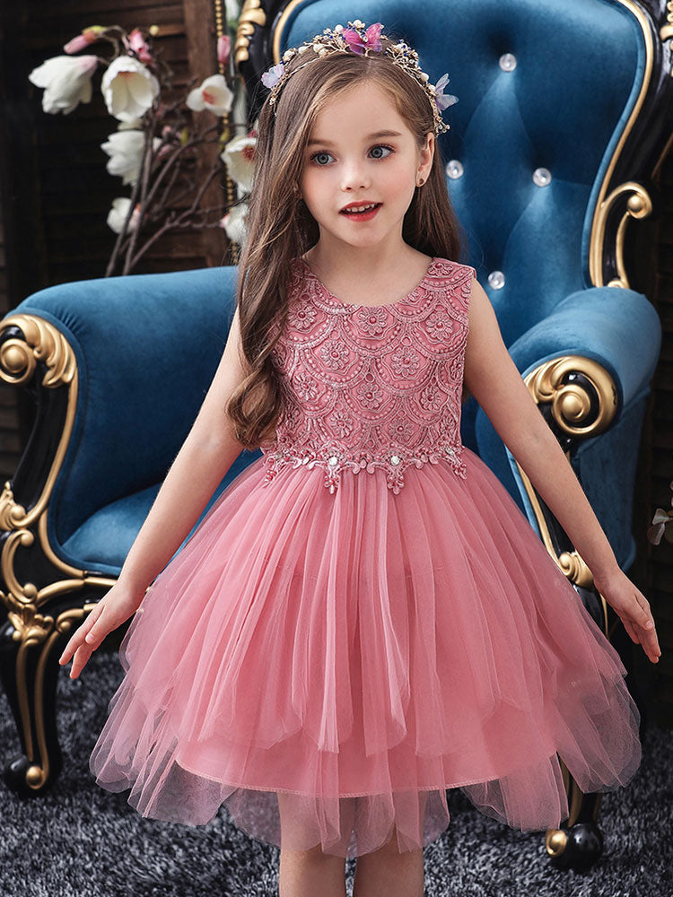 Jewel Neck Sleeveless Bows Formal Kids Pageant flower girl dresses-Ballbella