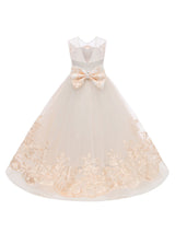 Jewel Neck Sleeveless Bows Kids Social flower girl dress-Ballbella