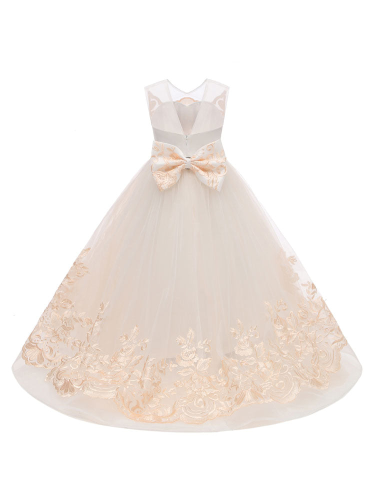 Jewel Neck Sleeveless Bows Kids Social flower girl dress-Ballbella