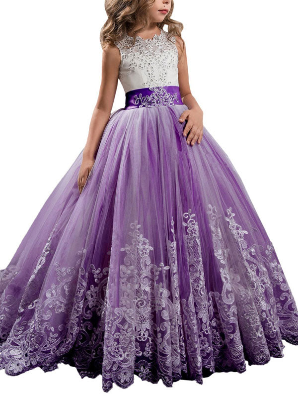 Jewel Neck Sleeveless Studded Formal flower girl dress-Ballbella