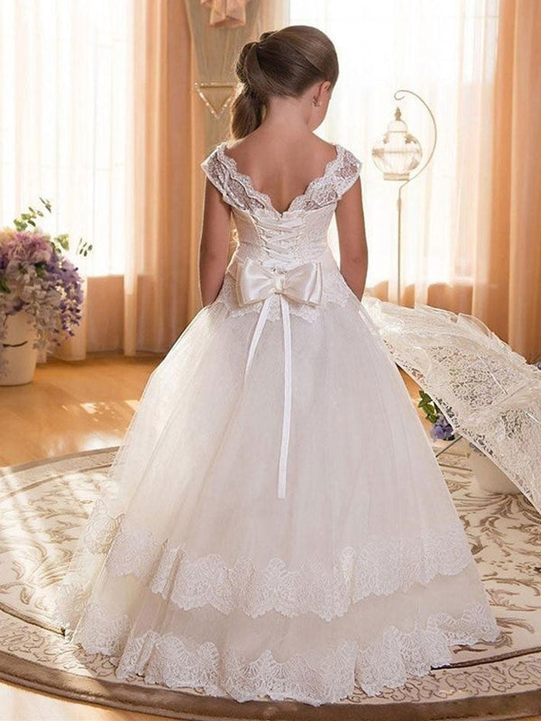 Jewel Neck Tulle Short Sleeves Floor Length Princess Bows Kids Formal Pageant Dresses-Ballbella