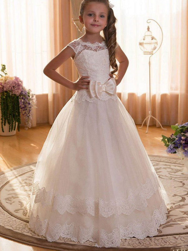 Jewel Neck Tulle Short Sleeves Floor Length Princess Bows Kids Formal Pageant Dresses-Ballbella