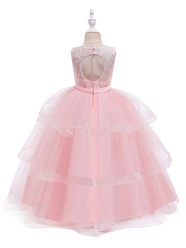 Jewel Neck Tulle Sleeveless Ankle Length Princess Kids Social Party Dresses-Ballbella