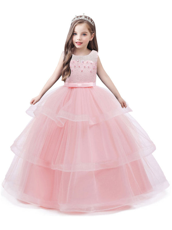 Jewel Neck Tulle Sleeveless Ankle Length Princess Kids Social Party Dresses-Ballbella