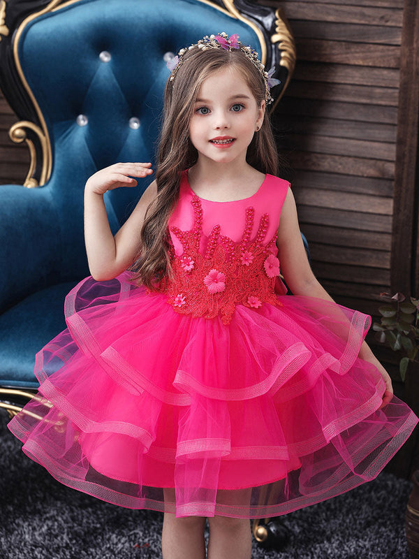 Jewel Neck Tulle Sleeveless Short Princess Beaded Kids Party Dresses-Ballbella