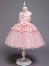 Jewel Neck Tulle Sleeveless Short Princess Bows Formal Kids Pageant flower girl dresses-Ballbella