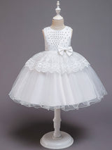 Jewel Neck Tulle Sleeveless Short Princess Bows Formal Kids Pageant flower girl dresses-Ballbella