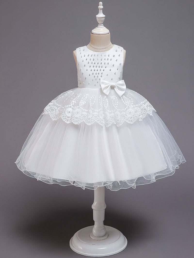 Jewel Neck Tulle Sleeveless Short Princess Bows Formal Kids Pageant flower girl dresses-Ballbella