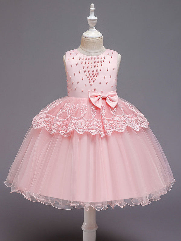 Jewel Neck Tulle Sleeveless Short Princess Bows Formal Kids Pageant flower girl dresses-Ballbella