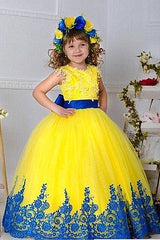 Jewel Sleeveless Ball Gown Lace Applique Bowknot Flower Girl Dress-Ballbella