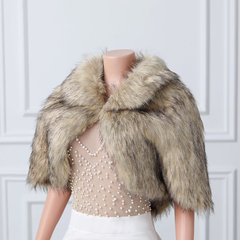 Khaki Butterfly Sleeve Lapel Collar Faux Fur Winter Wedding Wraps-Ballbella