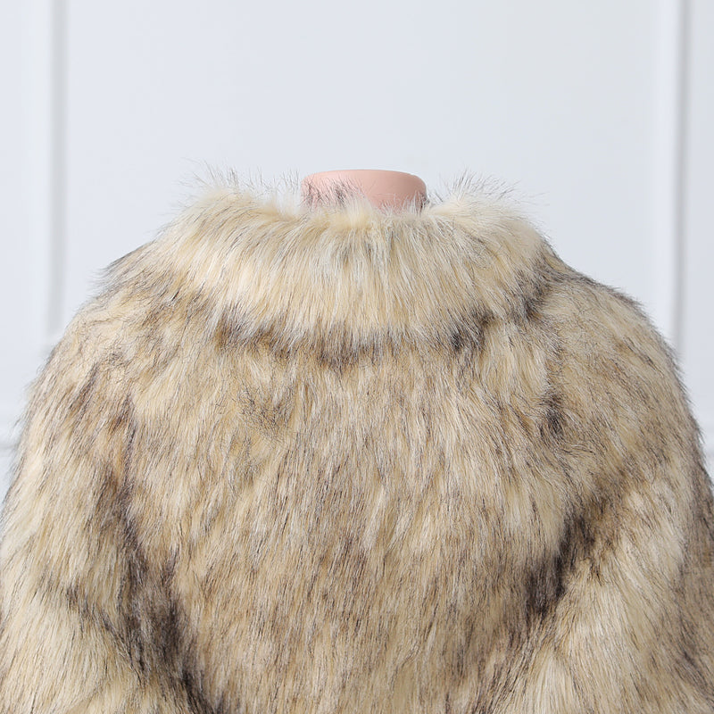 Khaki Butterfly Sleeve Lapel Collar Faux Fur Winter Wedding Wraps-Ballbella