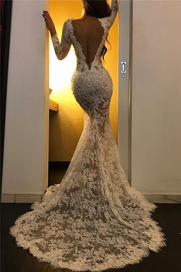 Lace Appliques Chic White Evening Dresses Long Sleeves Prom Dresses with Slit-Ballbella