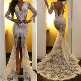 Lace Appliques Chic White Evening Dresses Long Sleeves Prom Dresses with Slit-Ballbella