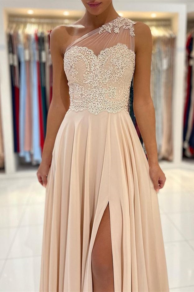 Lace Appliques Sleeveless One-Shoulder Prom Dress-Ballbella