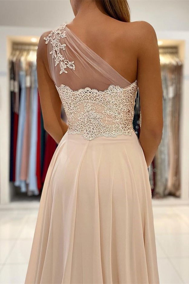 Lace Appliques Sleeveless One-Shoulder Prom Dress-Ballbella