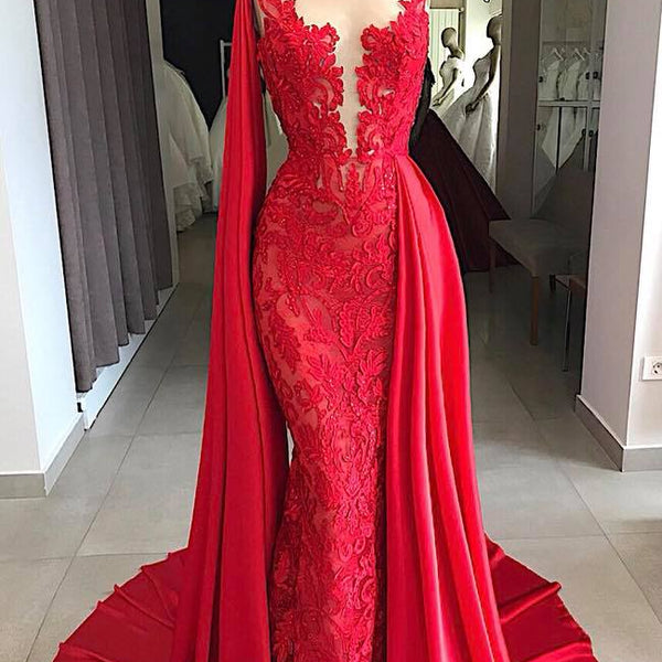 Lace Long Evening Dresses Sleeveless Red Prom Dresses with Cape – Ballbella