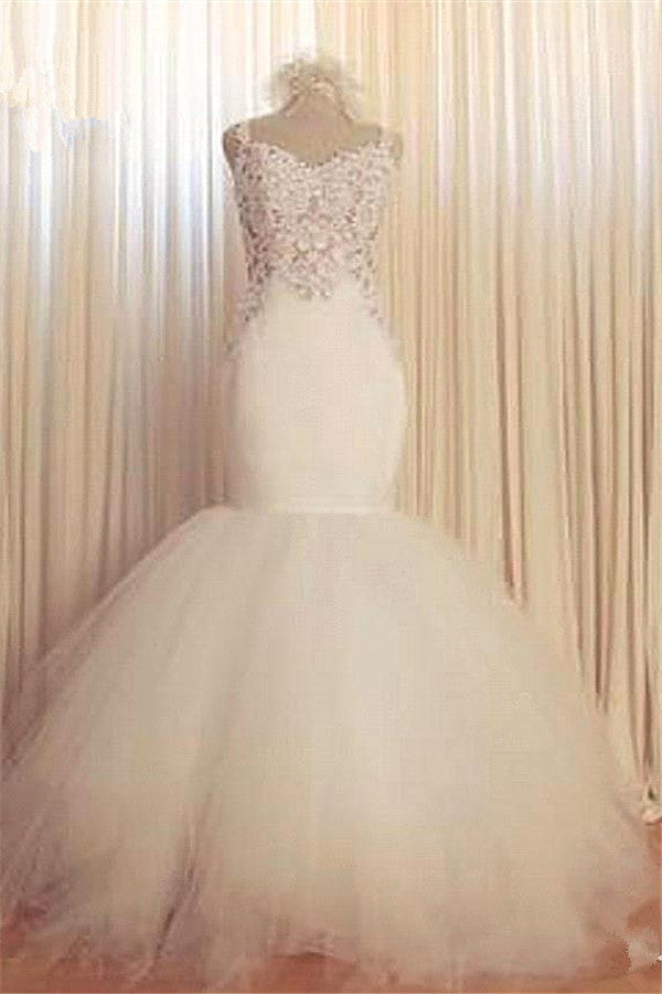 Lace Mermaid Tulle Bridal Gowns Open Back Sleeveless Modern Bridal Gowns Online-Ballbella