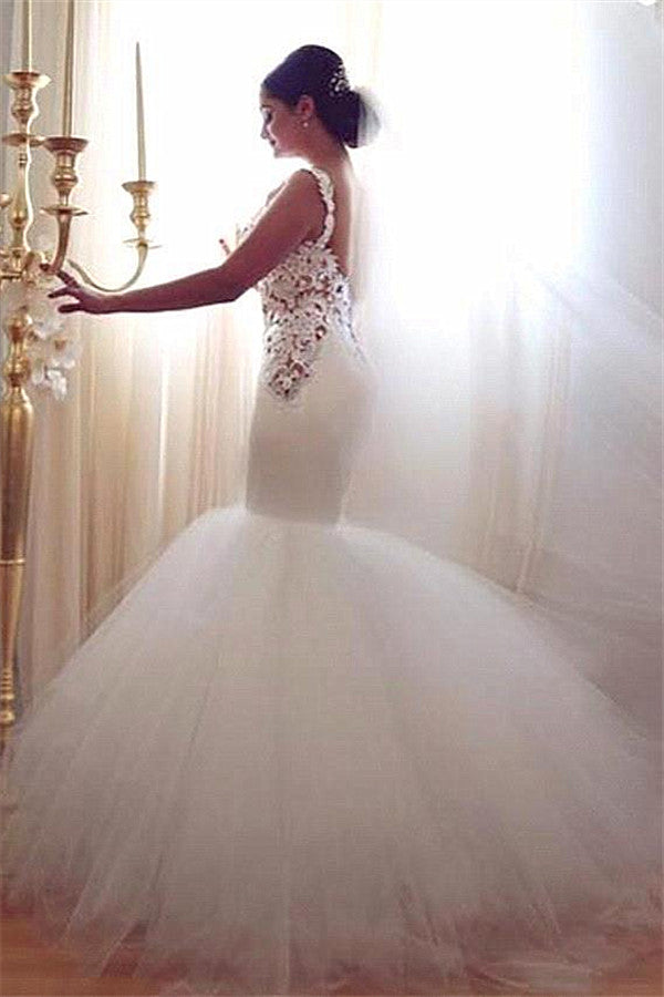 Lace Mermaid Tulle Bridal Gowns Open Back Sleeveless Modern Bridal Gowns Online-Ballbella