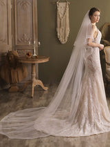 Lace One-Tier Tulle Veils Applique Waterfall Wedding Veils-Ballbella