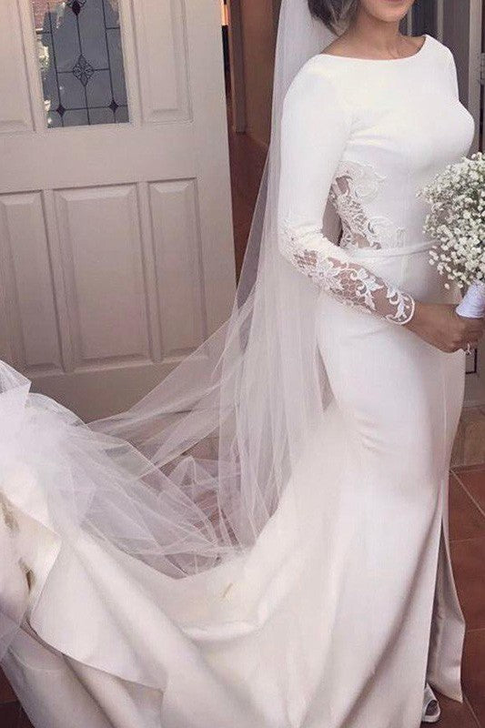 Lace Satin Long Sleevess Mermaid Scoop Court Train Wedding Dresses-Ballbella