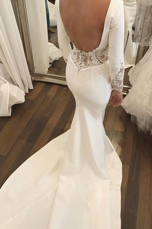 Lace Satin Long Sleevess Mermaid Scoop Court Train Wedding Dresses-Ballbella