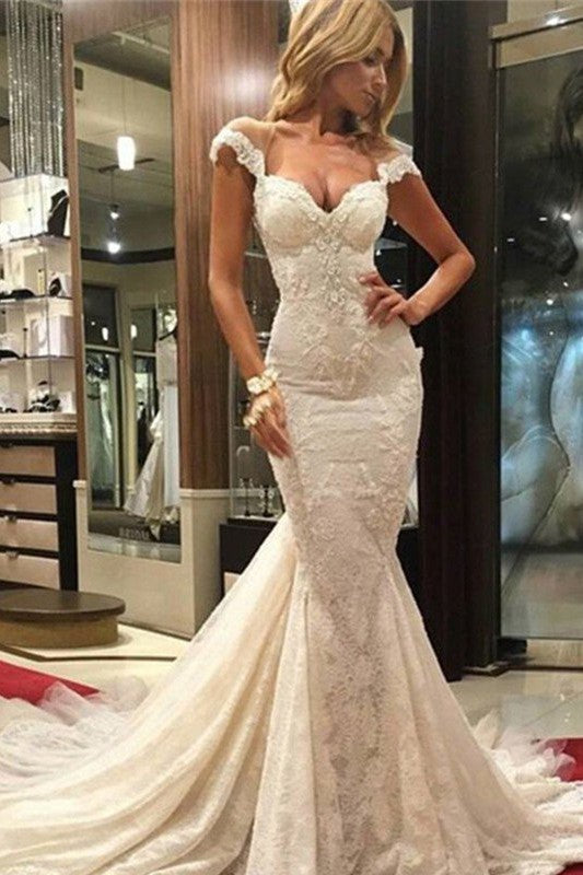 Lace Sleeveless Sweep Train Mermaid V neck Wedding Dresses-Ballbella