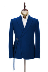 Latest Royal Blue Men's Casual Suit Online Peak Lapel Buckle Button Groomsmen Suit for Formal-Ballbella