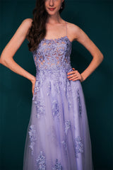 Lavender Spaghetti Strap Lace Appliques High split Prom Dress-Ballbella