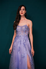 Lavender Spaghetti Strap Lace Appliques High split Prom Dress-Ballbella