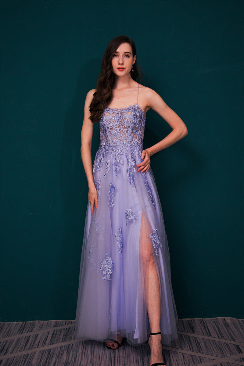 Lavender Spaghetti Strap Lace Appliques High split Prom Dress-Ballbella