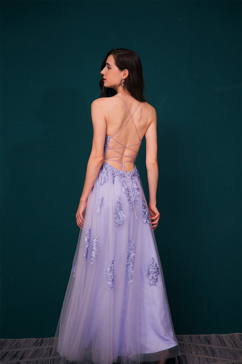 Lavender Spaghetti Strap Lace Appliques High split Prom Dress-Ballbella