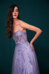 Lavender Spaghetti Strap Lace Appliques High split Prom Dress-Ballbella