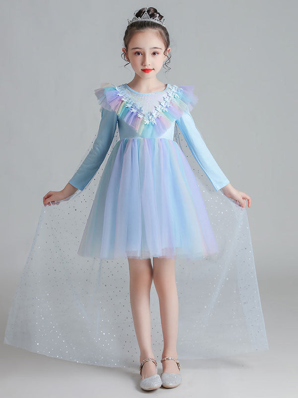 Light Blue Designed Neckline Polyester Sleeveless Short A-Line Polyester Cotton Tulle Sequins Kids Social Party Dresses-Ballbella