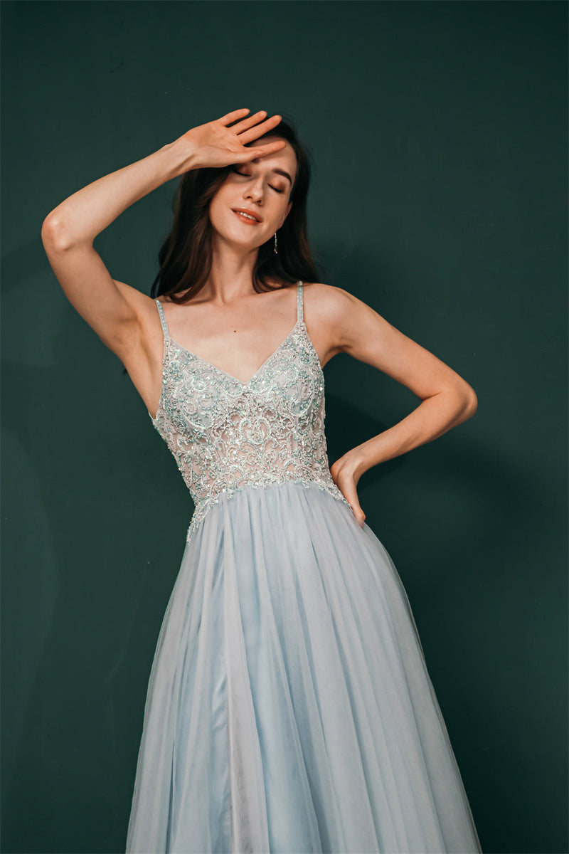 Light blue See-through Sparkle Appliques Prom Dress-Ballbella