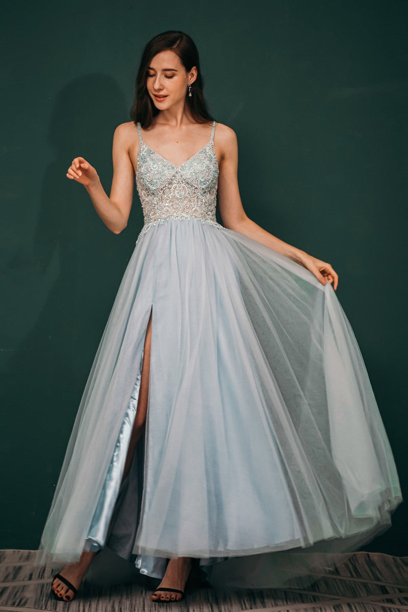 Light blue See-through Sparkle Appliques Prom Dress-Ballbella