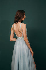 Light blue See-through Sparkle Appliques Prom Dress-Ballbella