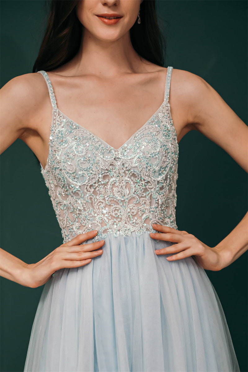 Light blue See-through Sparkle Appliques Prom Dress-Ballbella