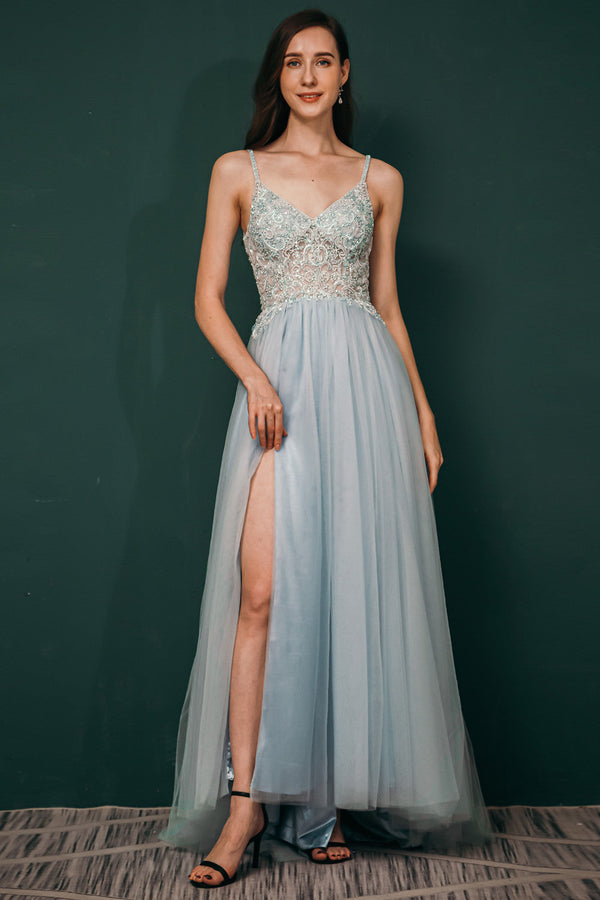 Light blue See-through Sparkle Appliques Prom Dress-Ballbella