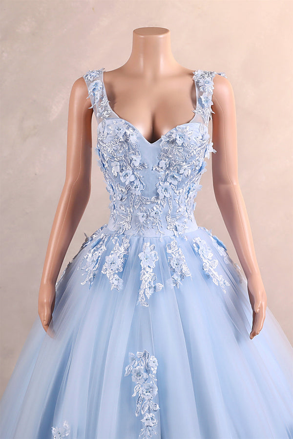 Light Blue Staps Lace Appliques Sleeveless Ball Gown Tulle Prom Dresses-Ballbella