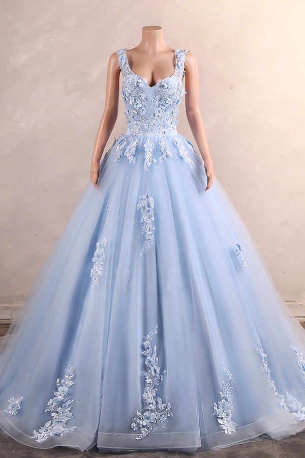 Light Blue Staps Lace Appliques Sleeveless Ball Gown Tulle Prom Dresses-Ballbella