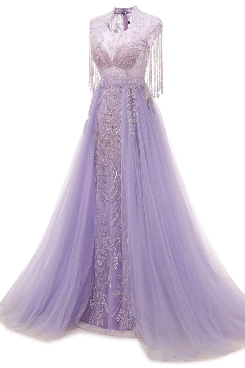 Lilac Long sleeves Overskirt A-line Evening Dresses-Ballbella