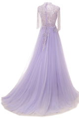 Lilac Long sleeves Overskirt A-line Evening Dresses-Ballbella