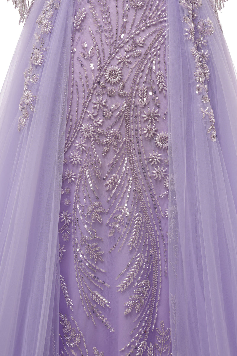 Lilac Long sleeves Overskirt A-line Evening Dresses-Ballbella